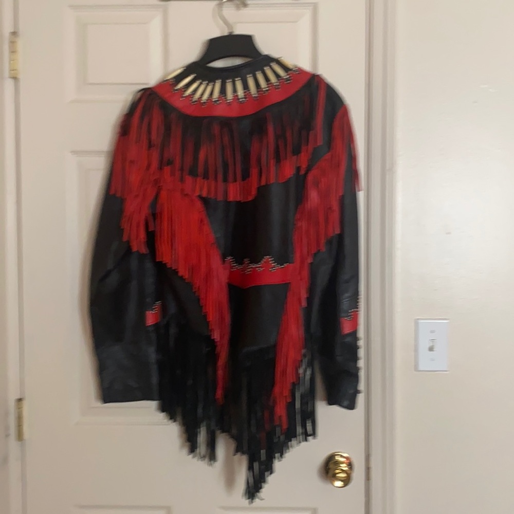Black and red fringe leather jacket